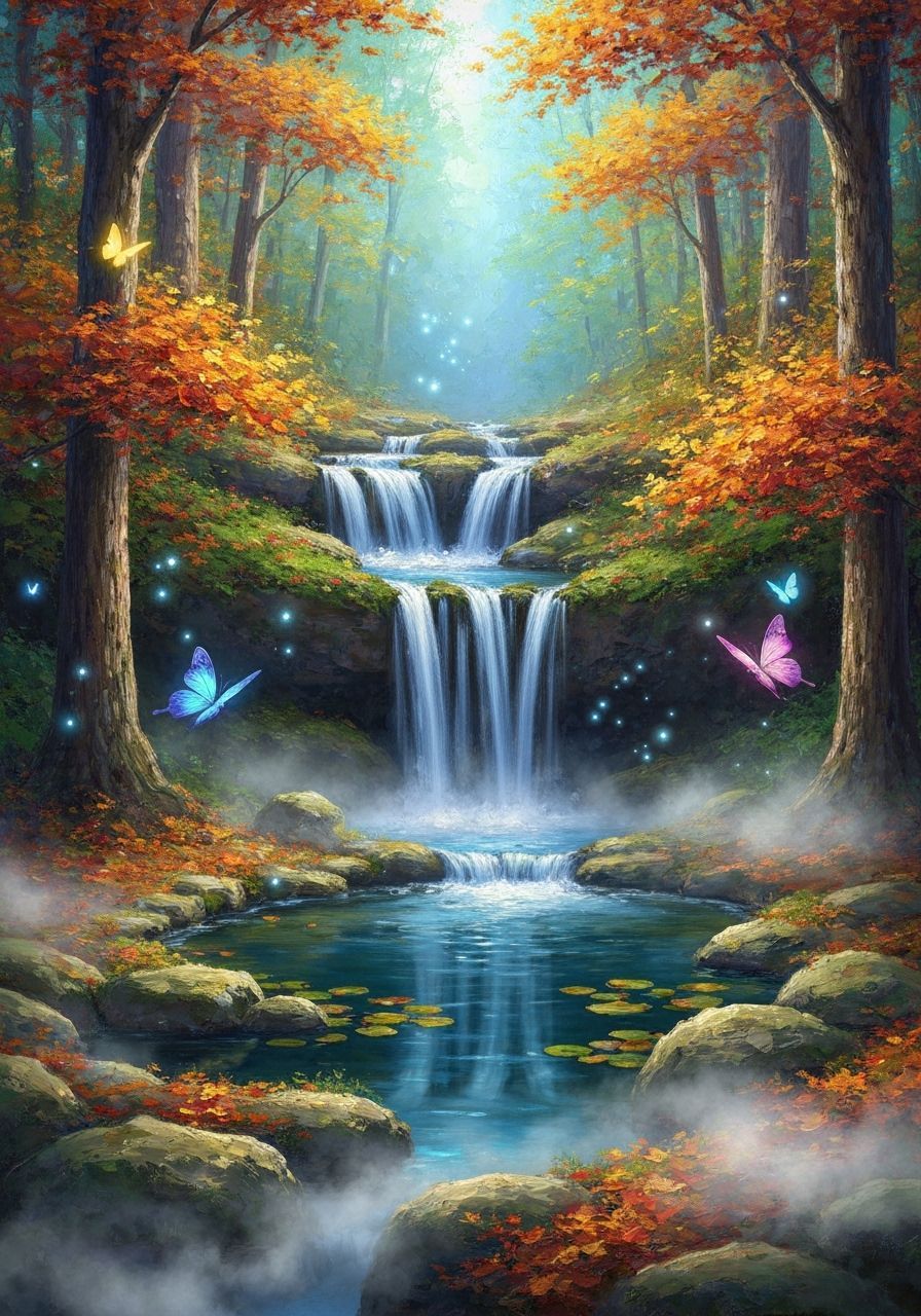 Magical Waterfall into Fairy Pond Impasto Painting