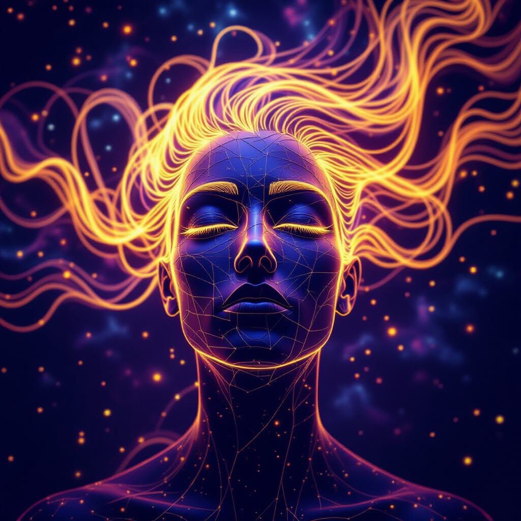 Luminous Wire Face against Cosmic Nebula