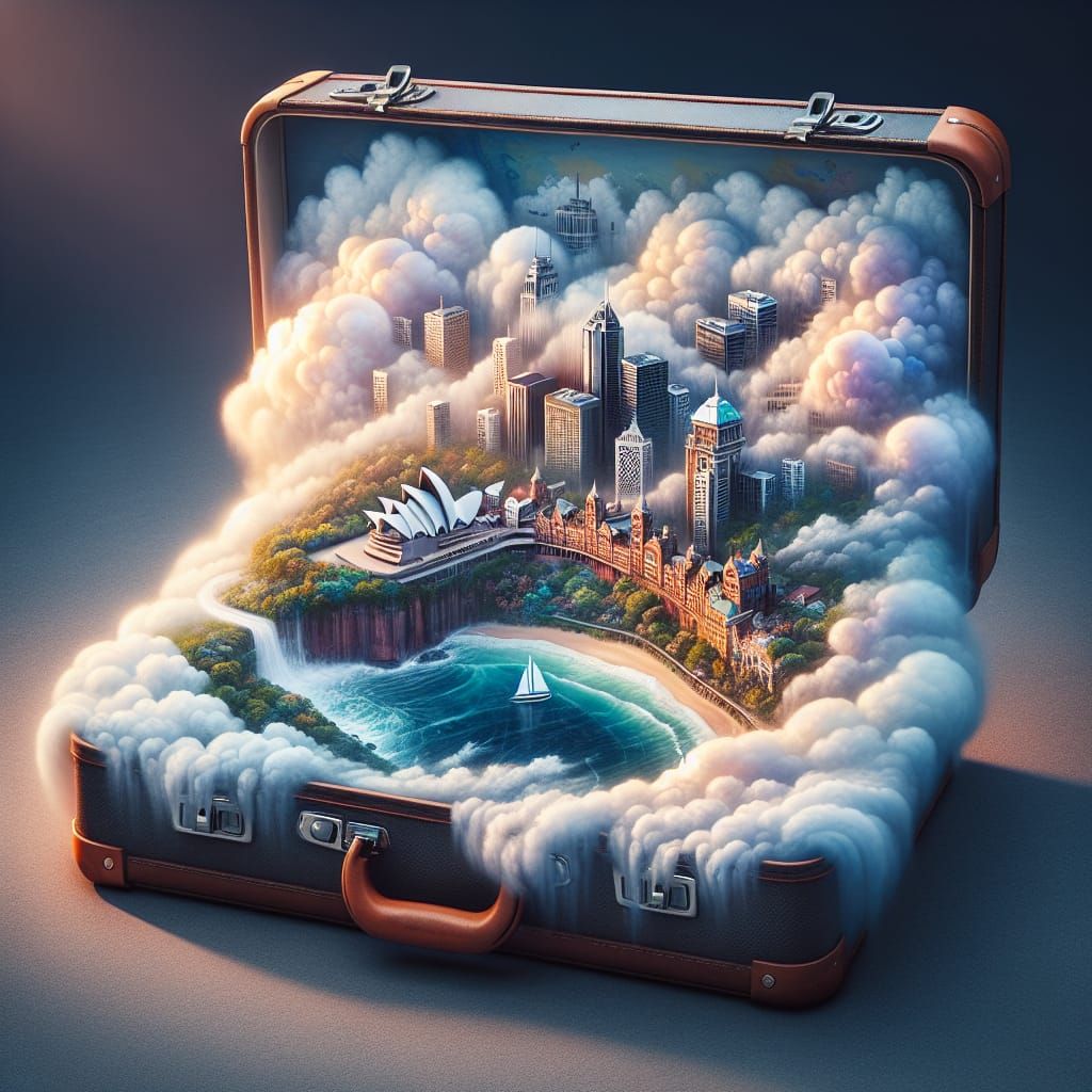 Dreamlike Coastal City Inside a Suitcase in Late 19th-Centur...