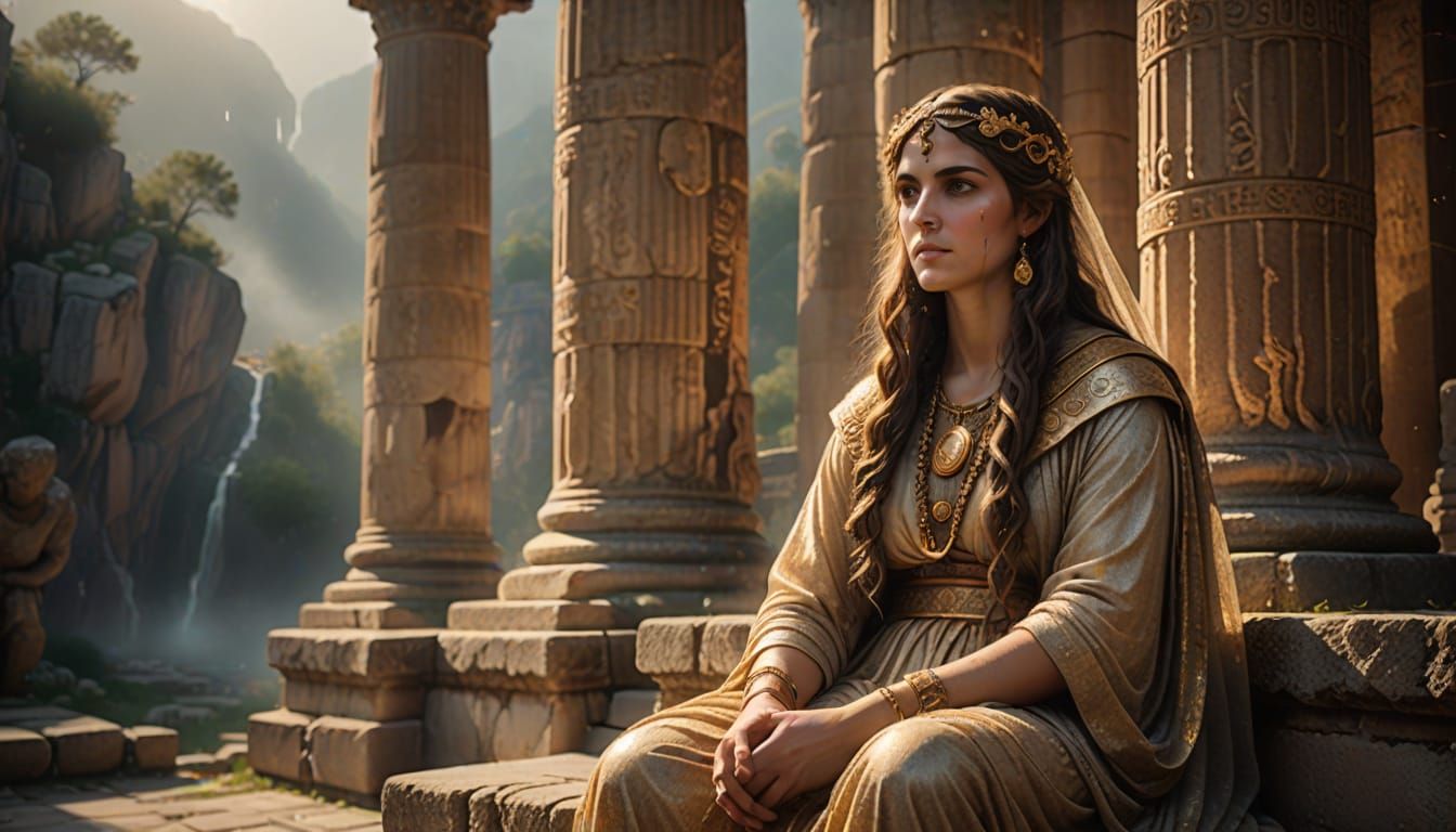 Ethereal Priestess in Golden Light at the Temple of Apollo