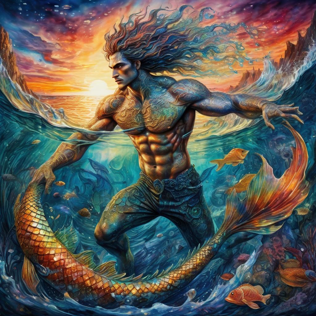 Surreal Watercolor Merman Unleashes Magical Fury