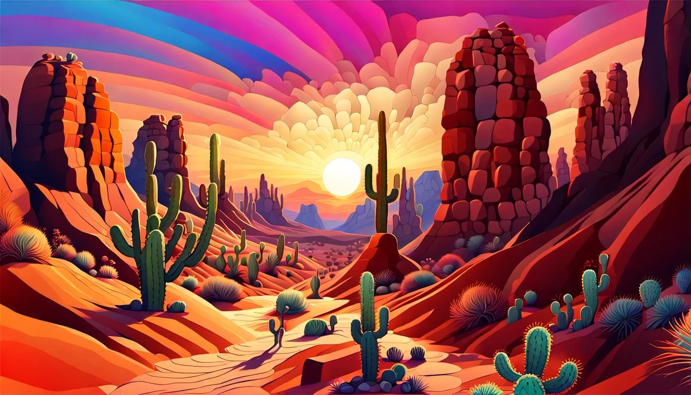 Humanoid Cacti Family in Desert Canyon at Sunset