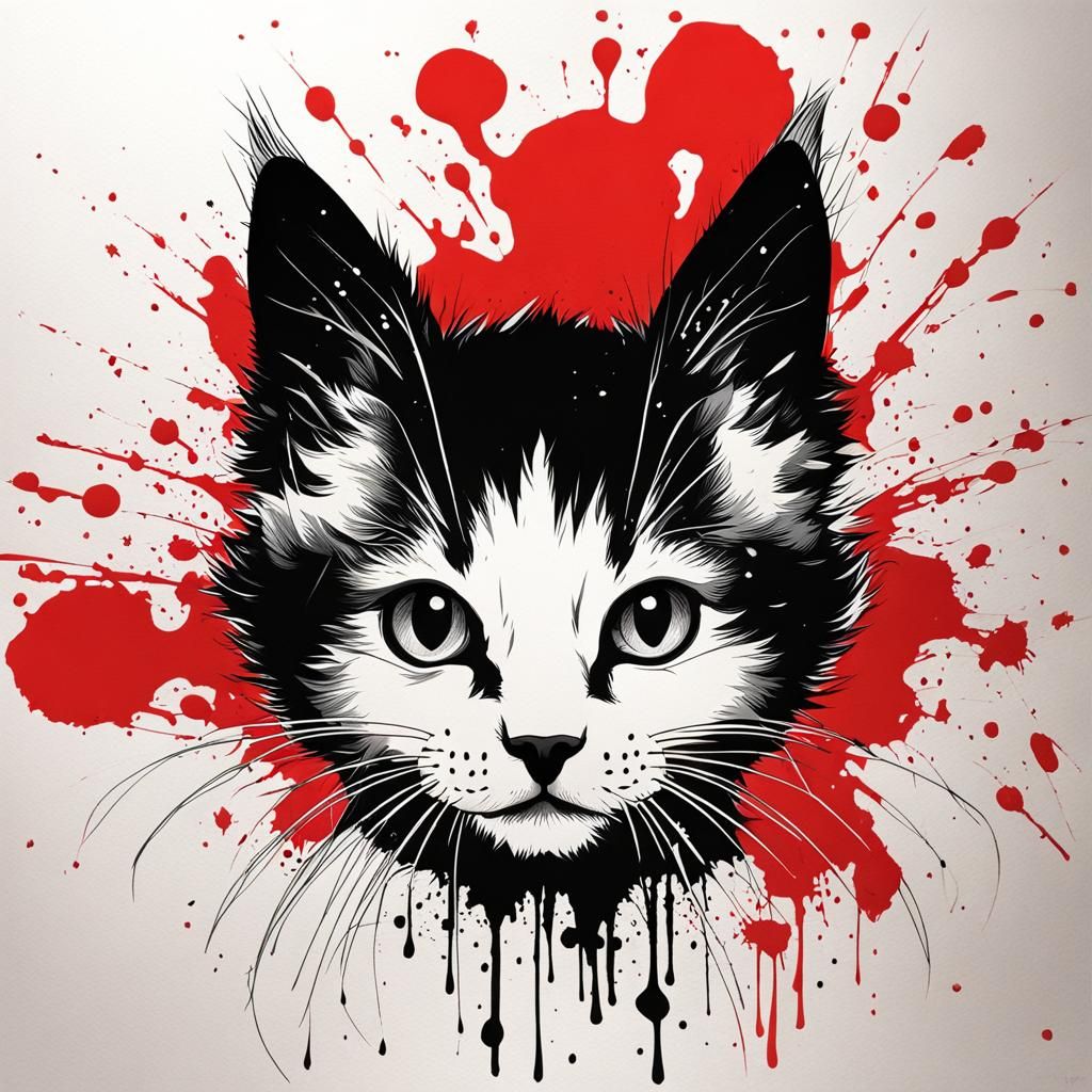Cute Kitten Ink Drawing in Red and Black