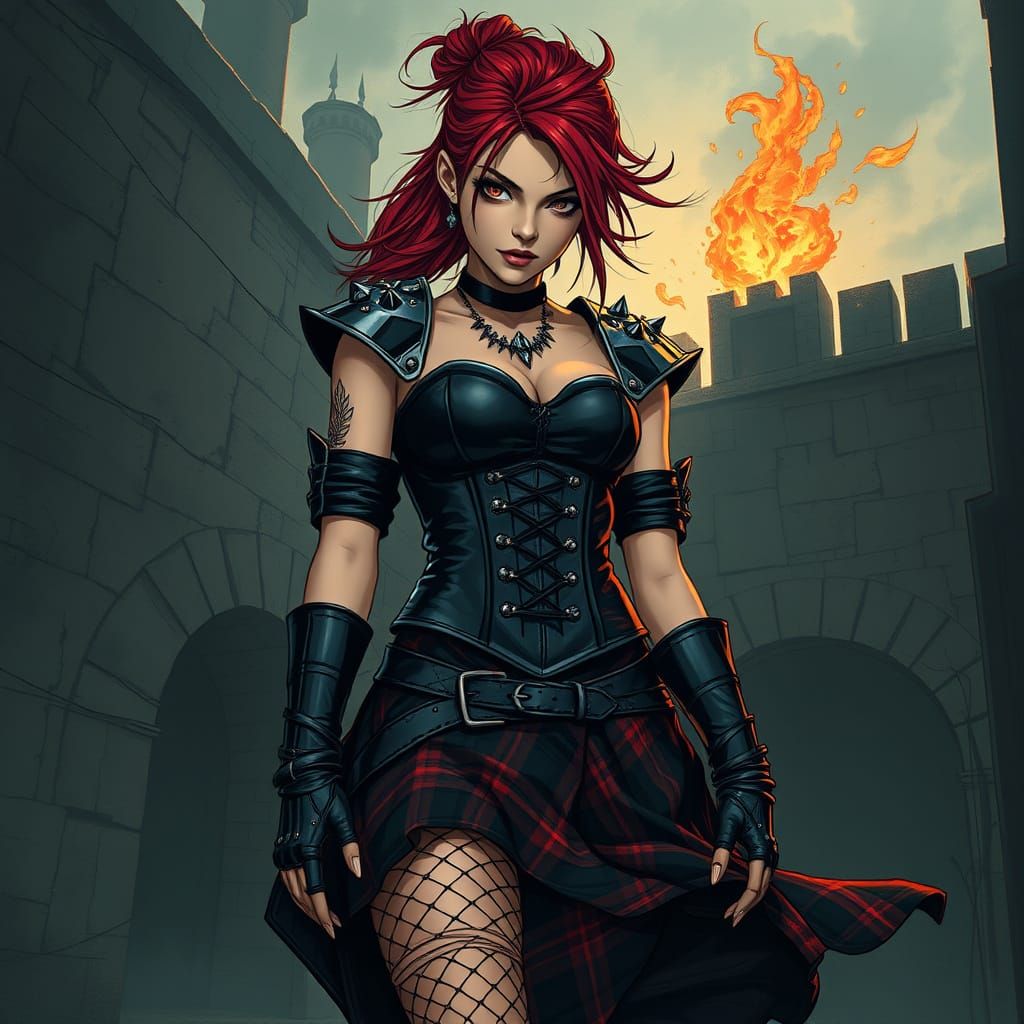 Medieval Punk Goddess in Gritty Cityscape