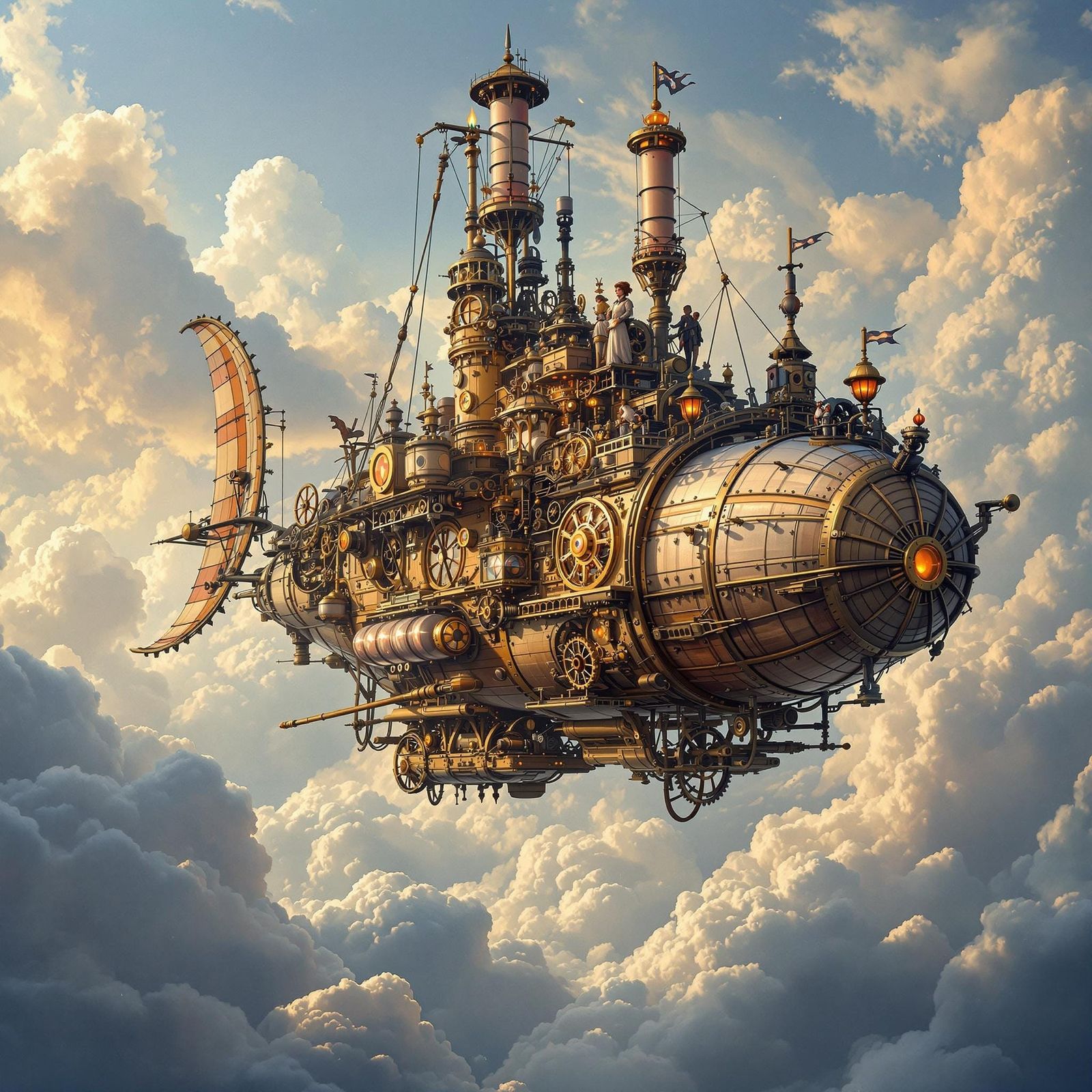 A Steampunk Airship Soars Through a Cloudy Sky