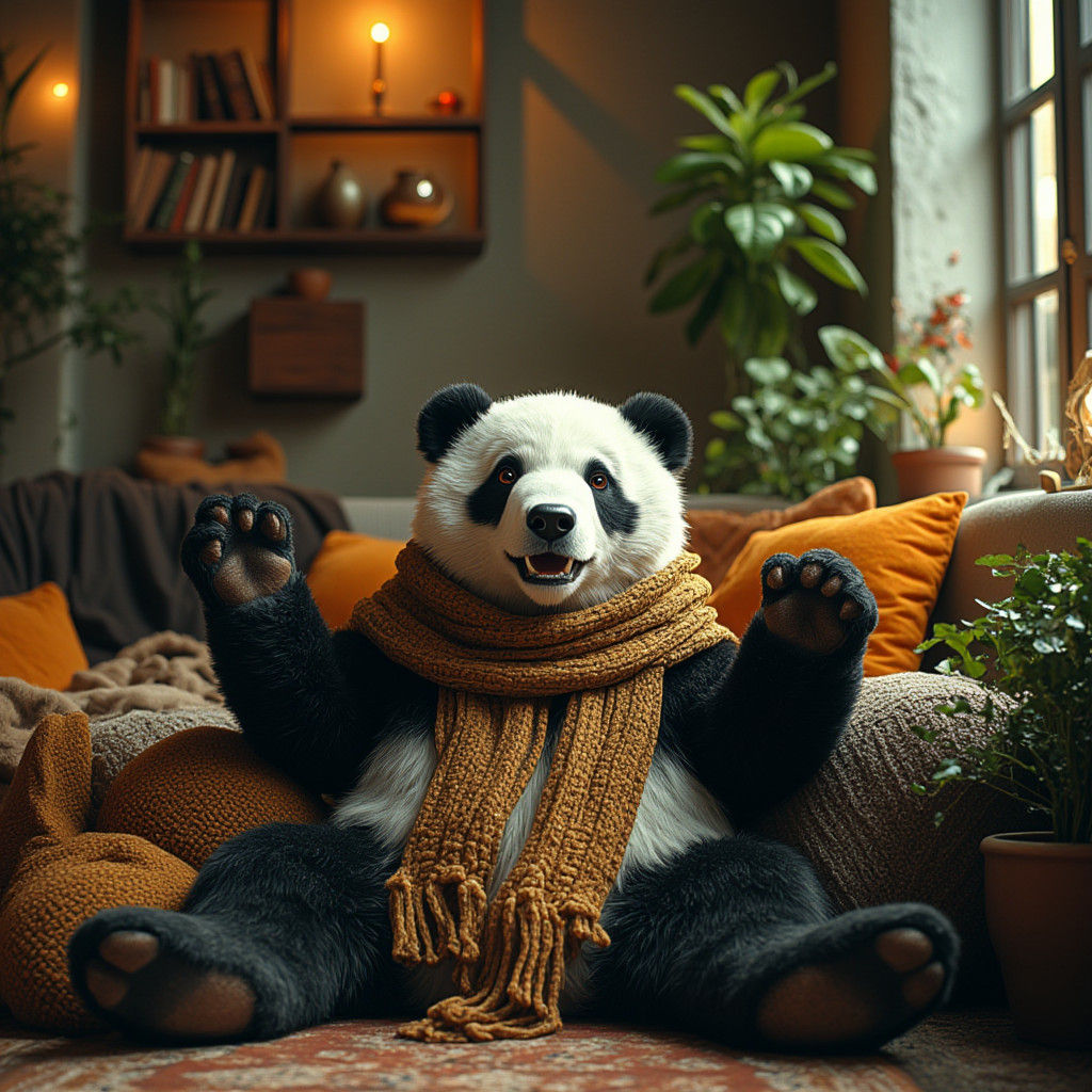 Giant Panda in Cozy Modern Apartment