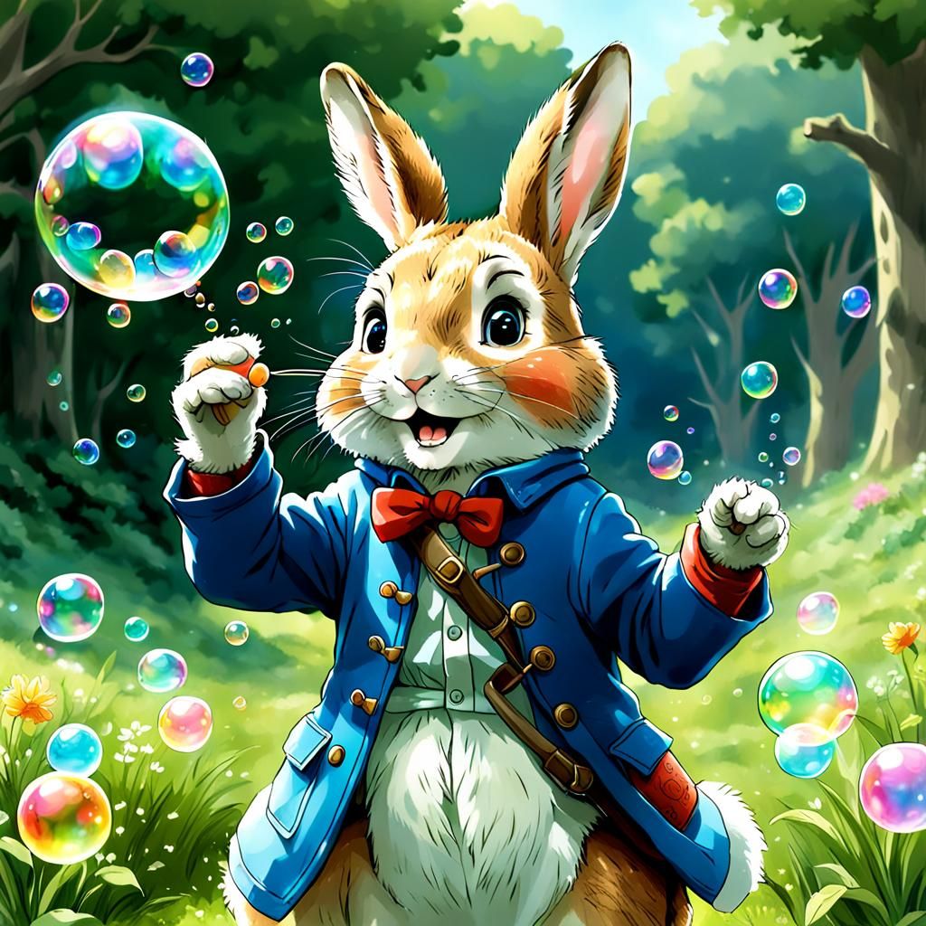 Peter Rabbit Blowing Bubbles in Anime Style