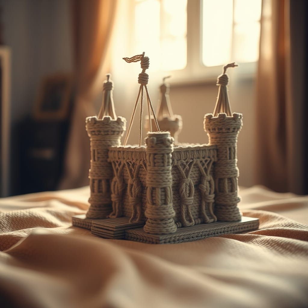 Intricate Macrame Castle on Fabric in Warm Light