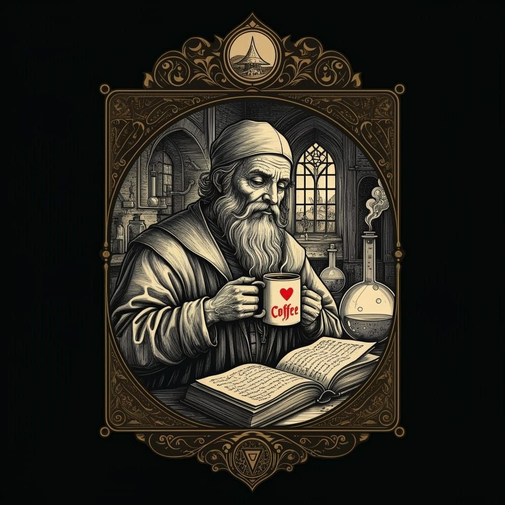Medieval Alchemist in Ancient Laboratory, in Black and White...