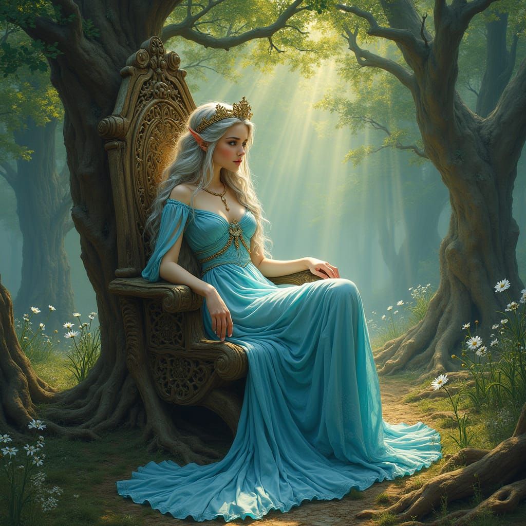 Elven Queen on Oak Throne in Art Nouveau Style
