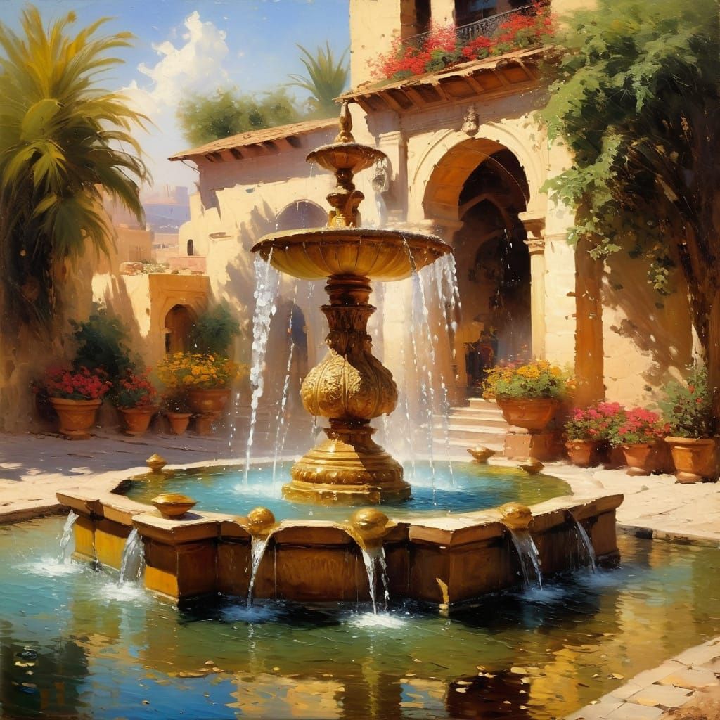 Impressionist Fountain Oil Painting in Persian Style
