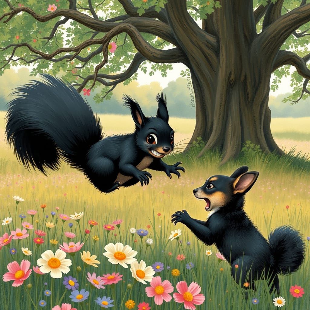 Squirrel's Playful Pounce in a Flower Field