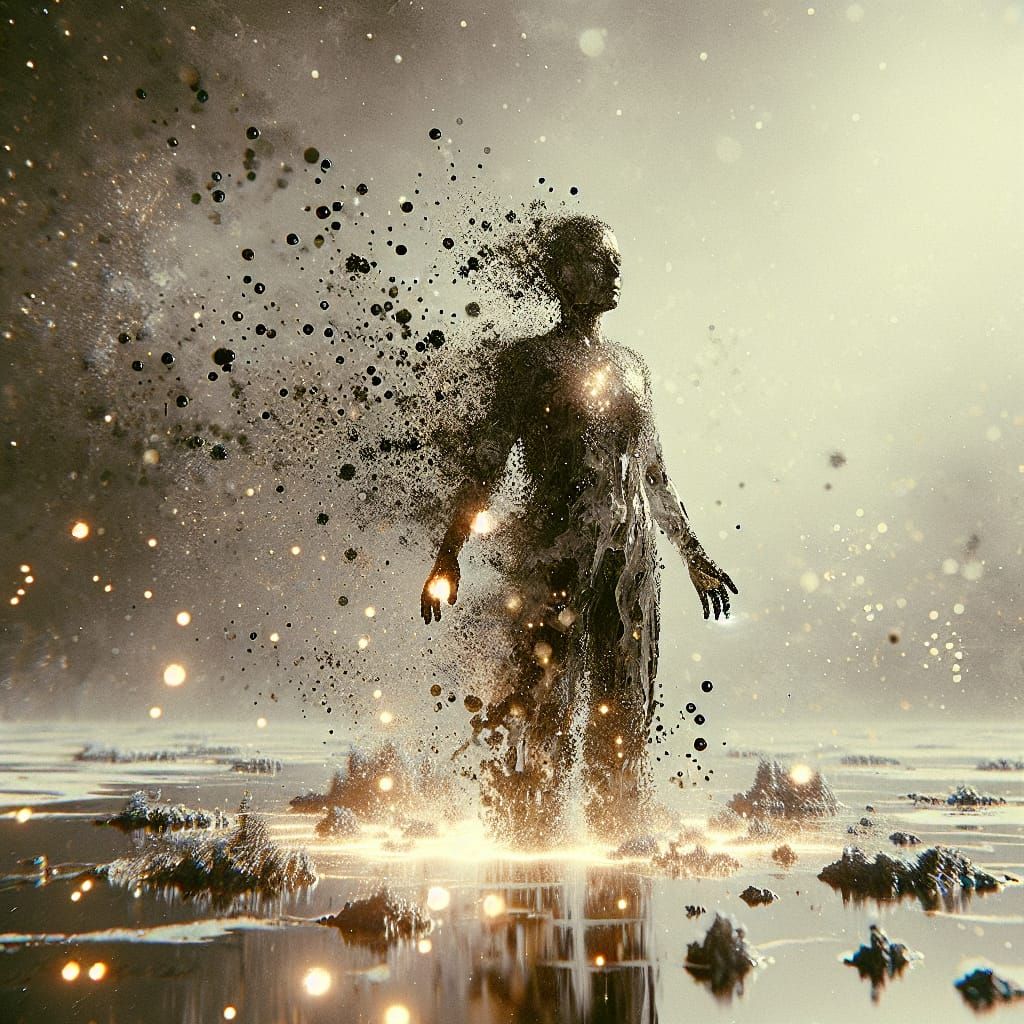 Acid Rain Dissolving Woman into Luminous Lake