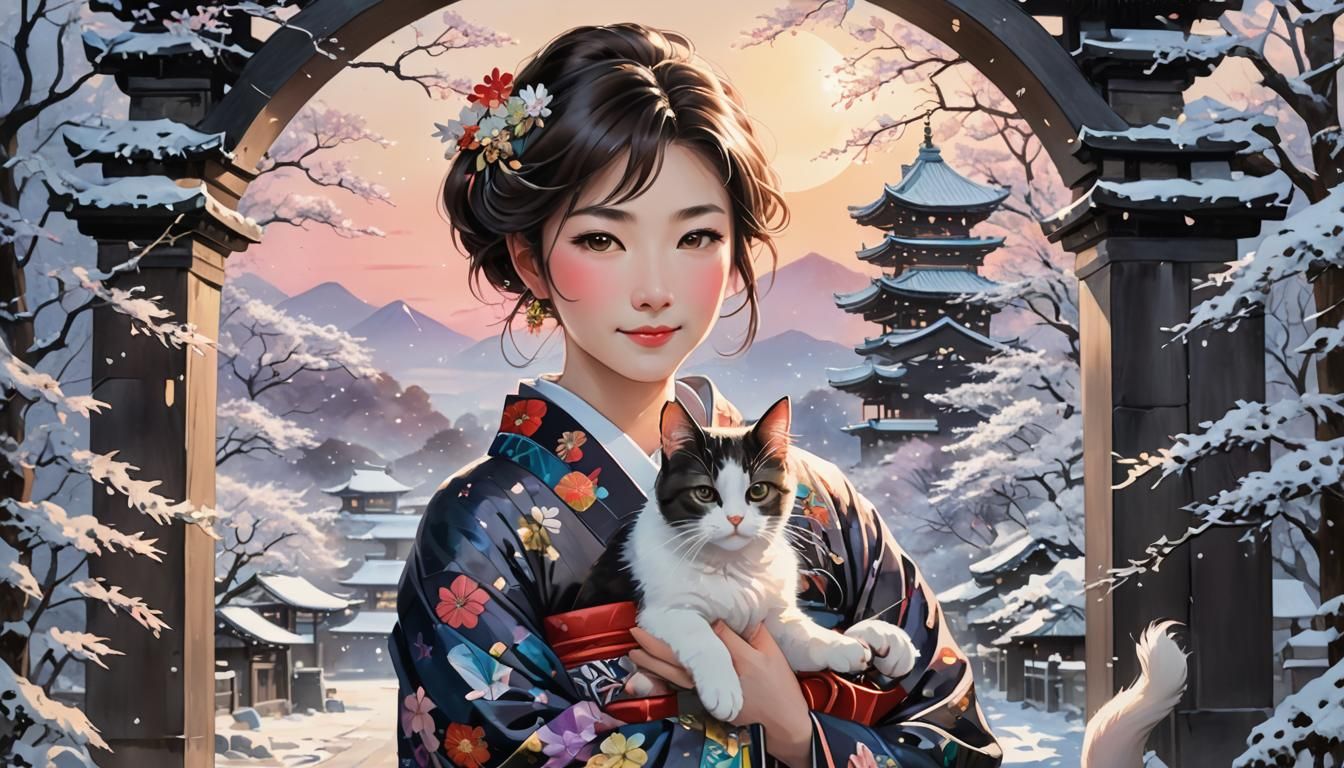 Japanese Painting: Woman with Cat Before Tori Gate