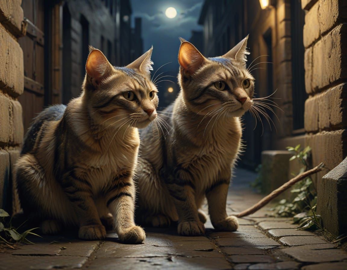 Heroic Cats Battle Rodents in Dimly Lit Alley