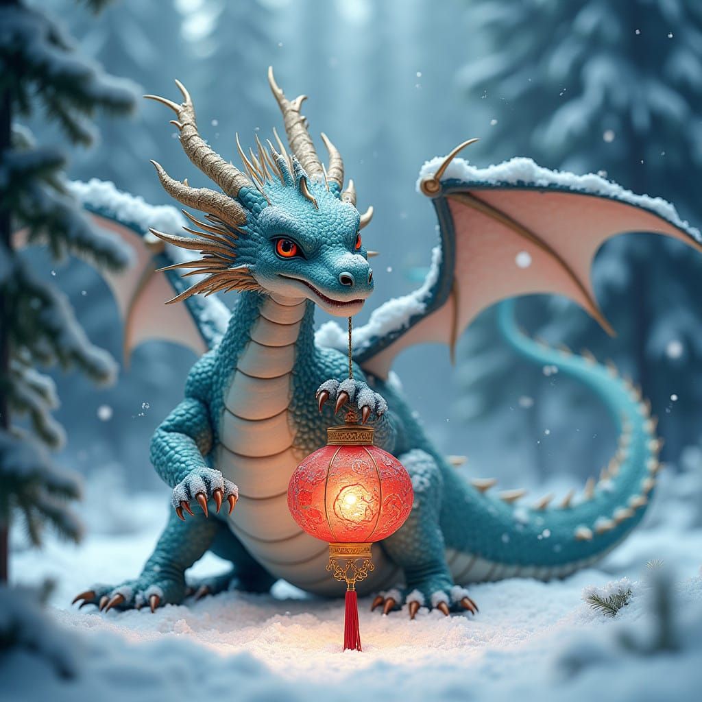 Majestic Japanese Dragon in Snowy Forest with Elegant Lanter...