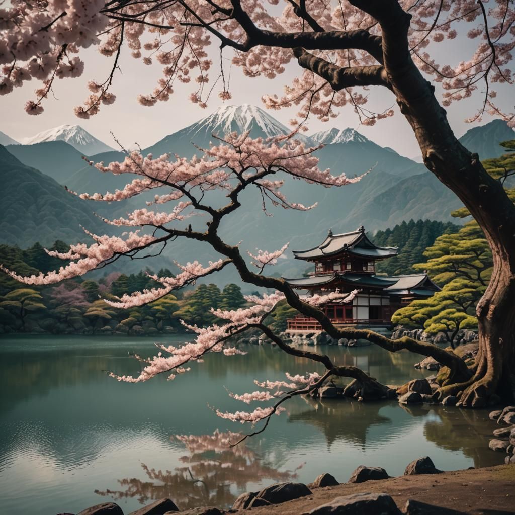 Ancient Sakura Tree by Lake with Temples: Cinematic