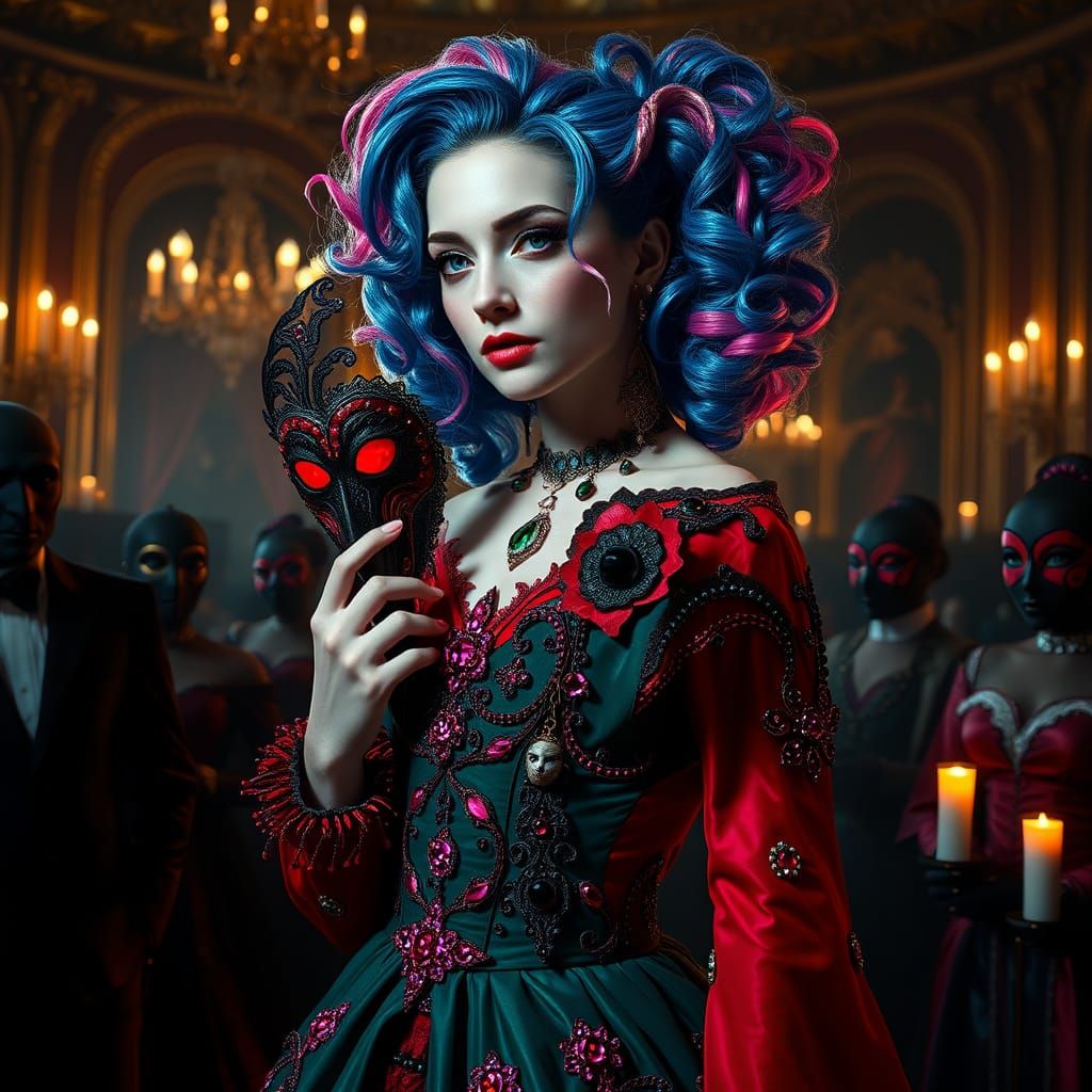 Harley Quinn at masquerade ball.