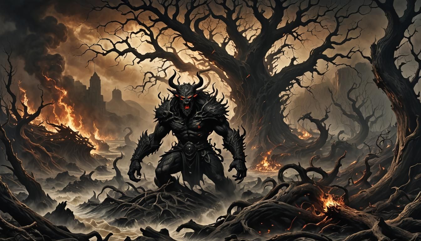 Satan Striding Through Hell's Fiery Landscape