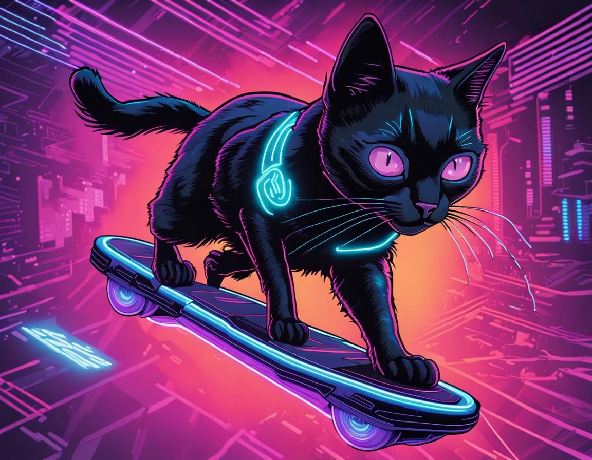 Cyberpunk Cat on Hoverboard: Neon Comic Book Cover
