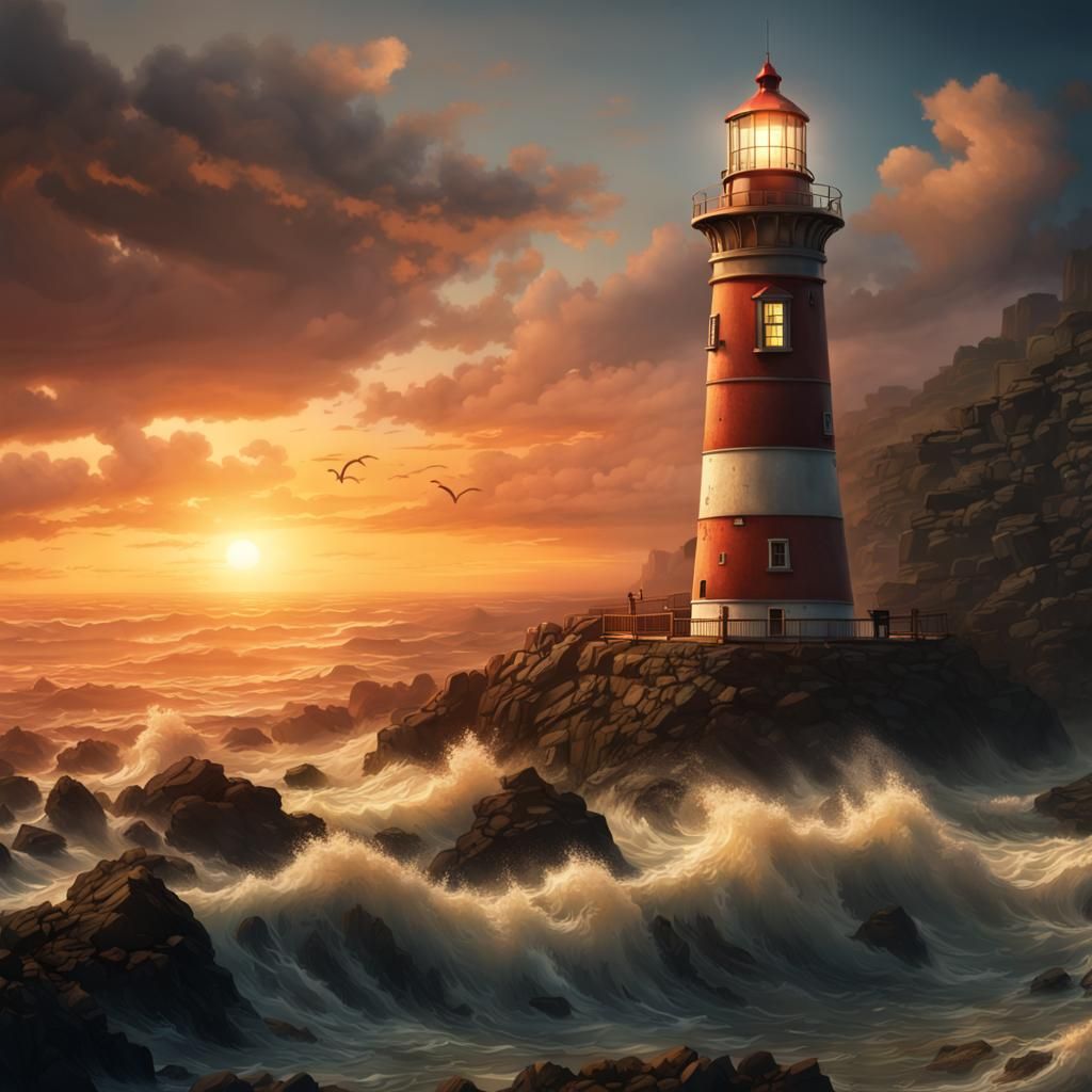Dramatic Lighthouse Sunset: Digital Matte Painting