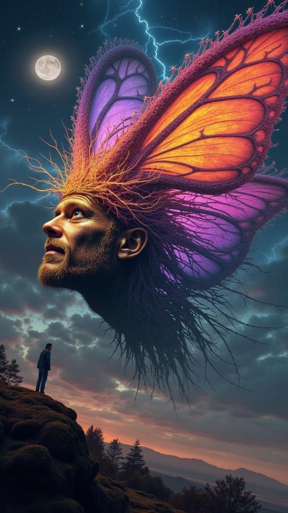 Man Illuminated by Rainbow Lightning on Moth Wing