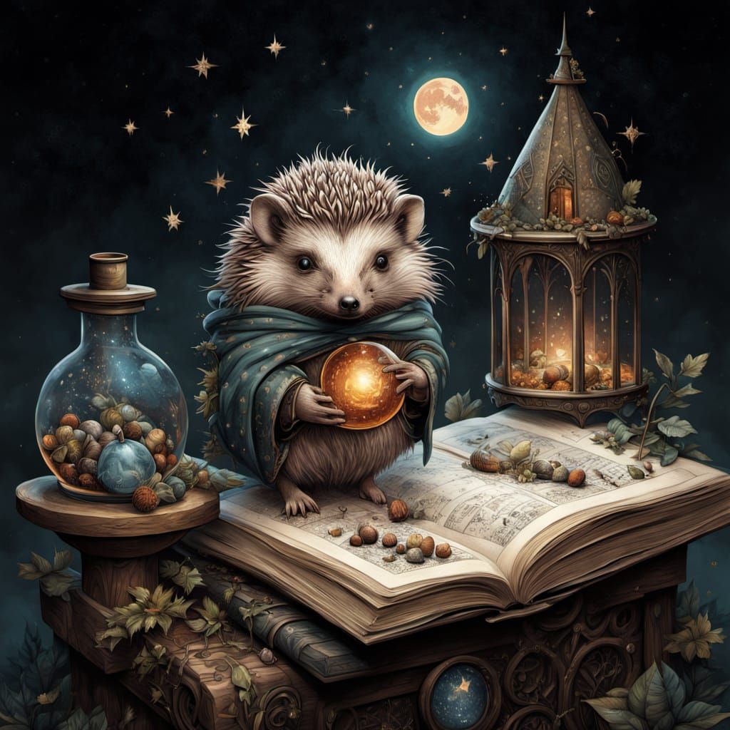 Whimsical Hedgehog Astronomer in Ancient Astronomy Tower