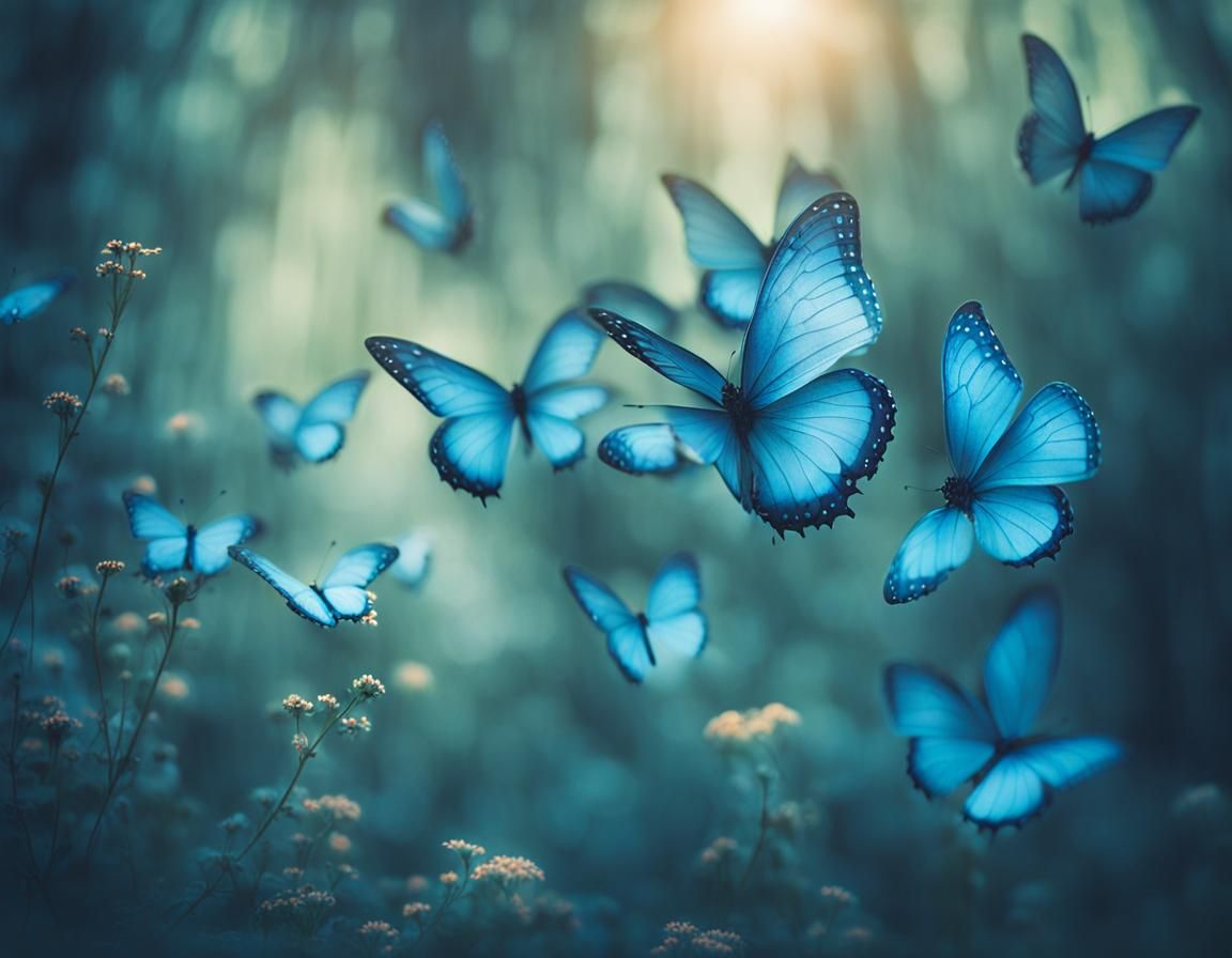 Ethereal Blue Butterflies in a Cinematic Still
