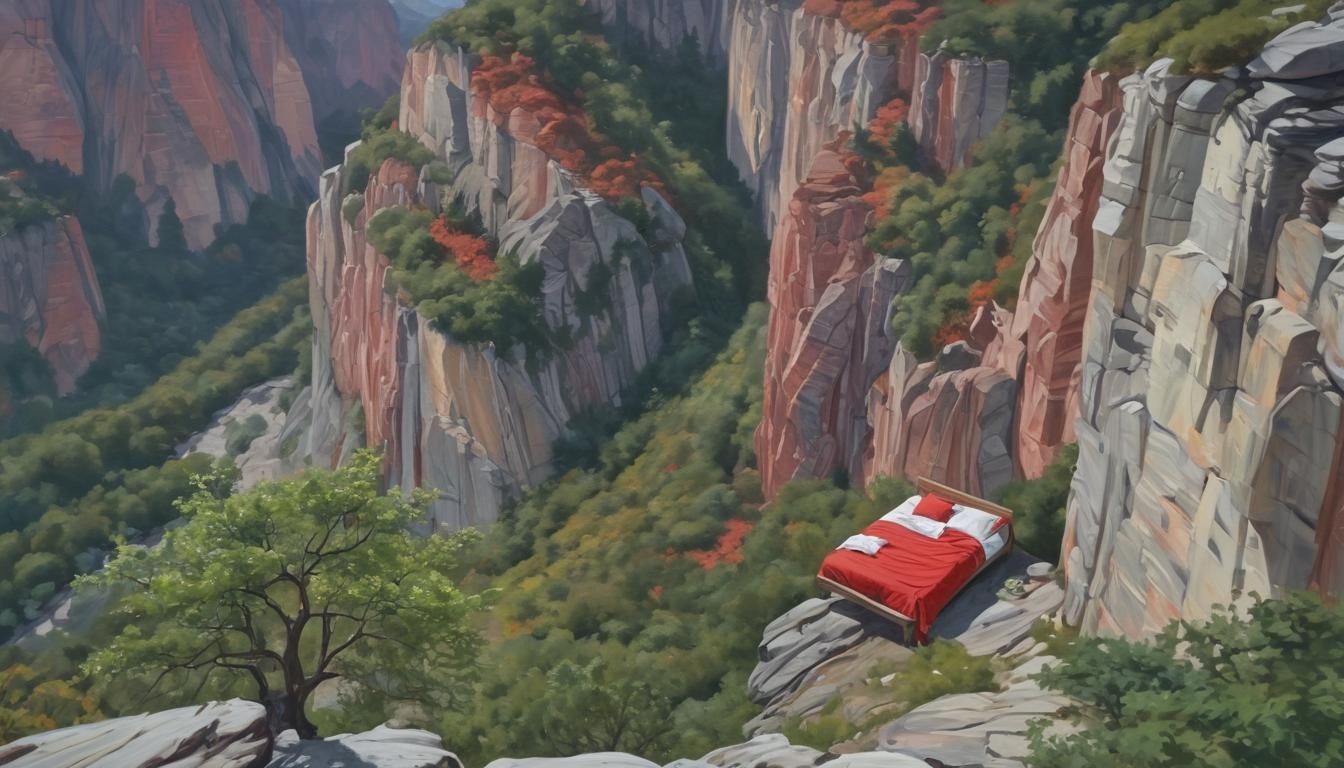 Red Bed on Cliff in Gouache Style