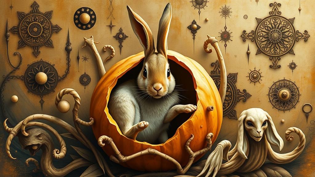 Hyperrealistic Bunny Carving in Surrealist Dreamscape