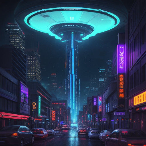 Glowing UFO Dominates Futuristic Cityscape