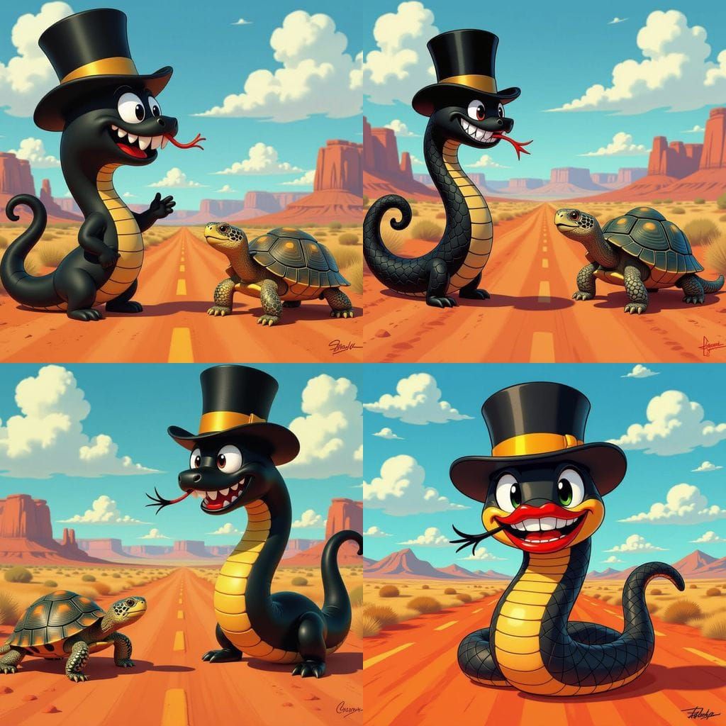 Snake Greets Tortoise on Dusty Road