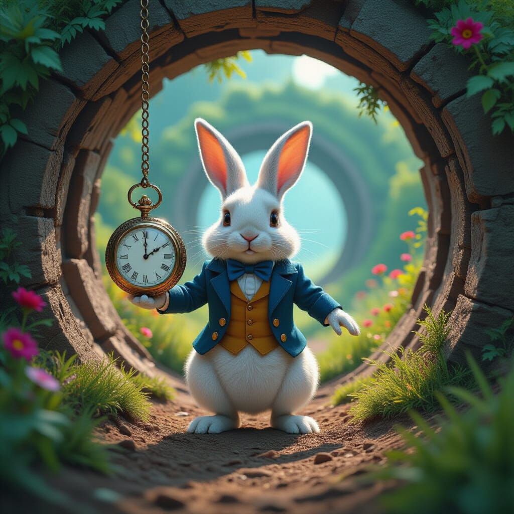 White Rabbit With Pocket Watch at Rabbit Hole Entrance