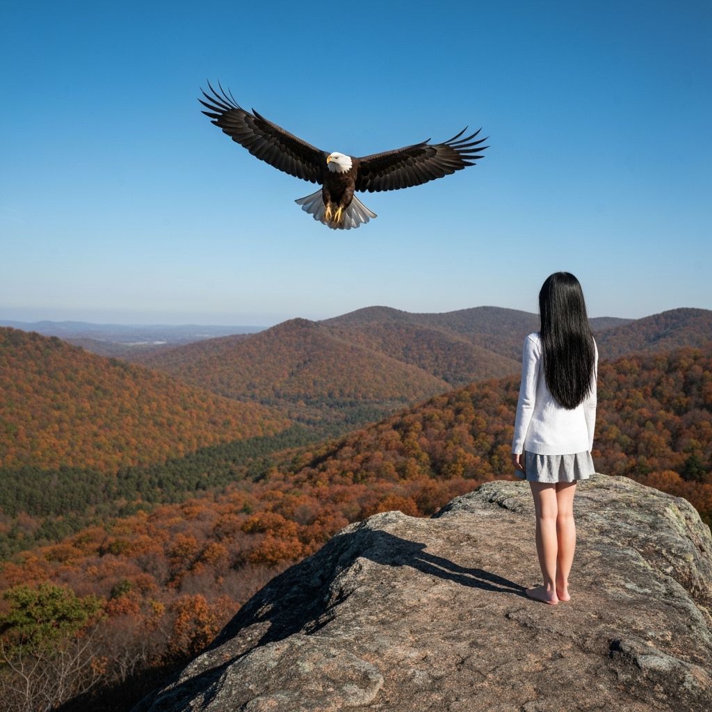 Girl Overlooks Autumn Valley With Soaring Eagle
