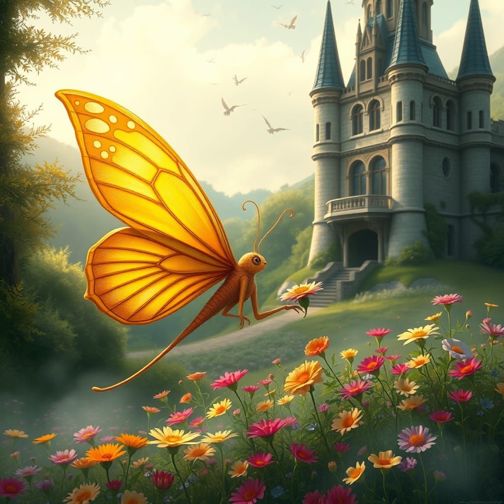 Fantasy Butterfly Tends Whimsical Garden in Castle Setting