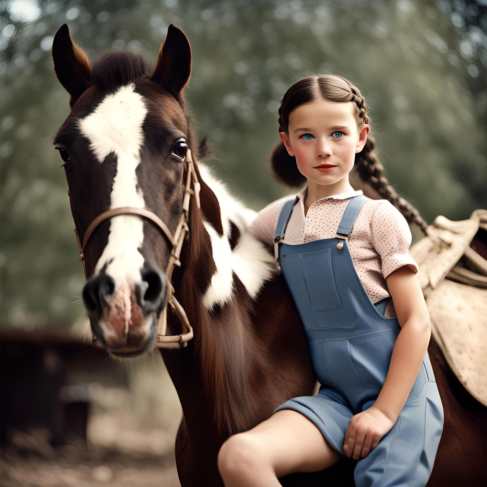 1950s girl, barefoot, wearing overalls, dark brown hair, blue eyes, braids, riding a spotted pony, feet dangling, no sti...
