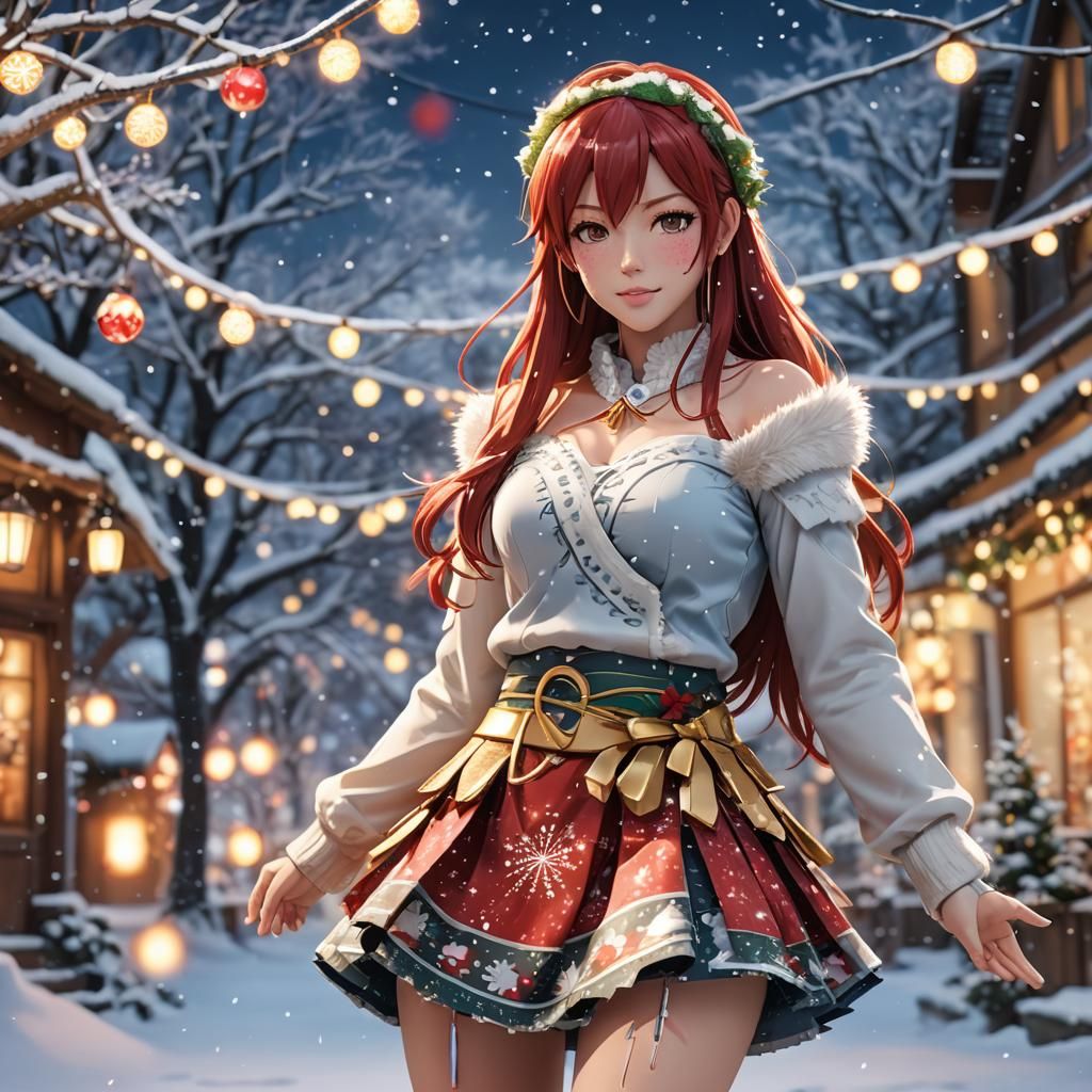 Festive Anime Girl in Winter Wonderland: 3D Art