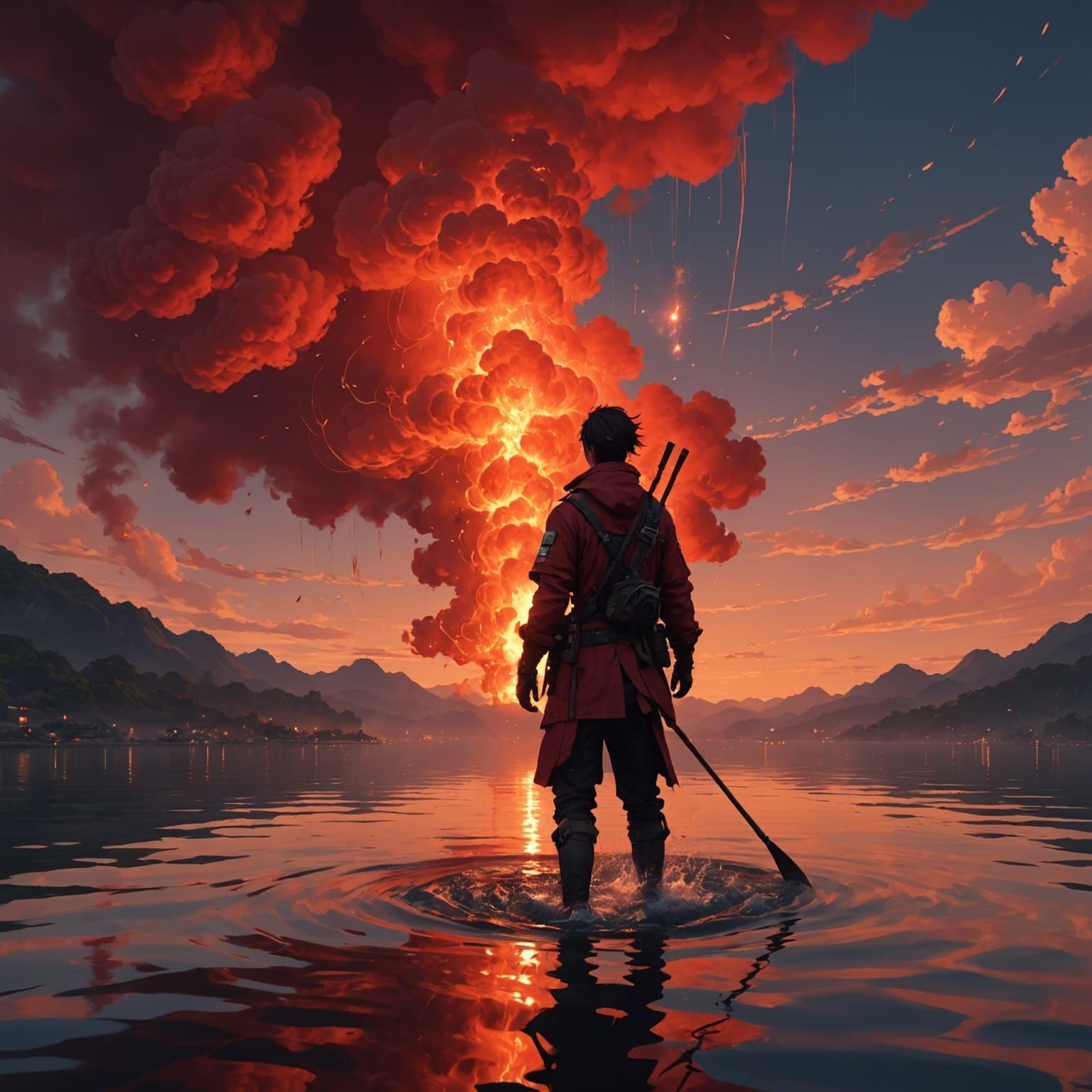 Fiery Sky and Water in Anime Style