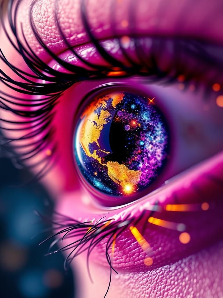 a macro photo of a purple and golden eye and inside it a uni...