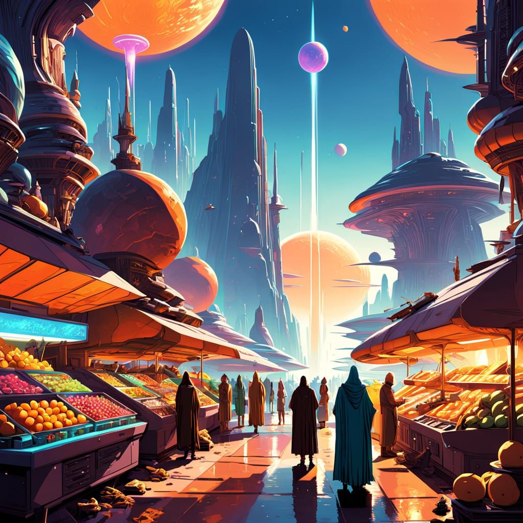 Bustling Alien Market in Retro-Futuristic Style