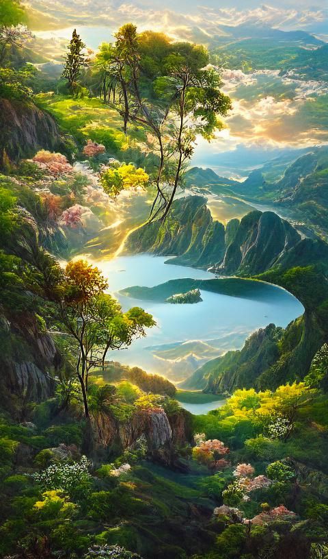 Lush Canyon Vista with Golden Light, Digital Illustration