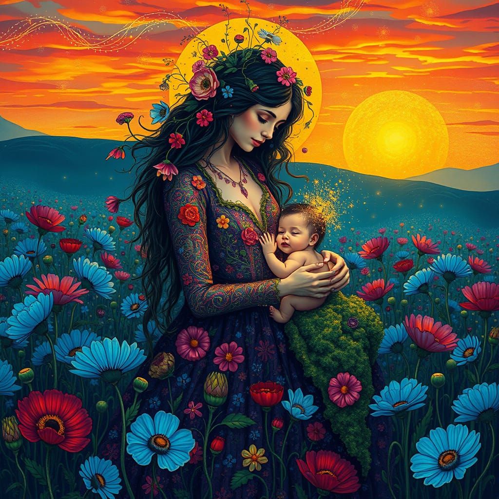 Mother with Vibrant, Dreamlike Child, Surrounded by Kaleidos...