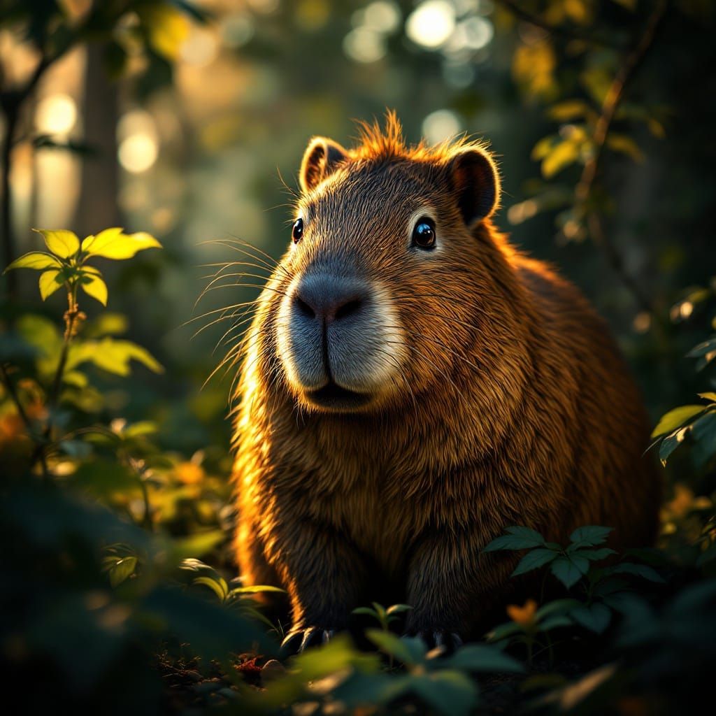 Surreal Capybara in Lush Forest Landscape
