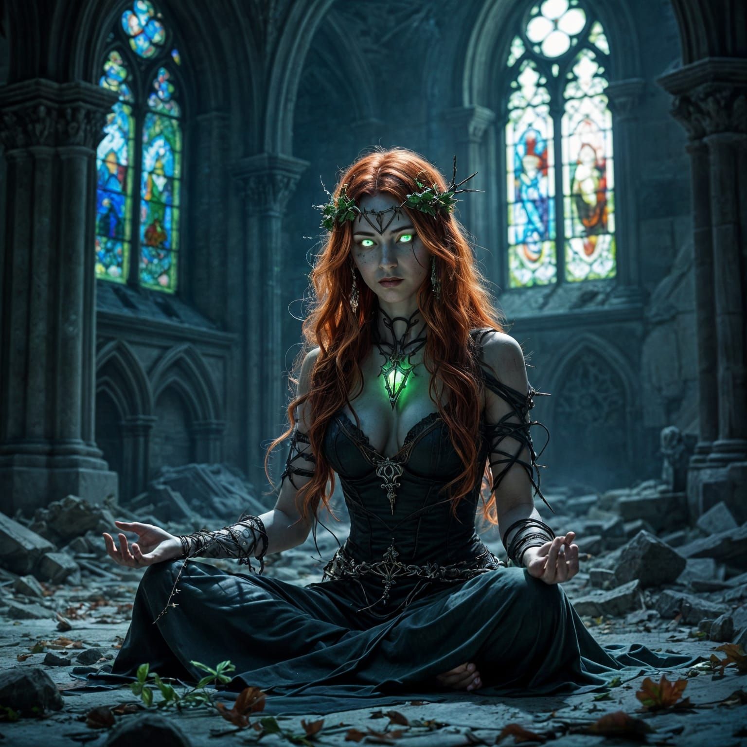 Spectral Druid Meditating in Gothic Cathedral, Matte Paintin...
