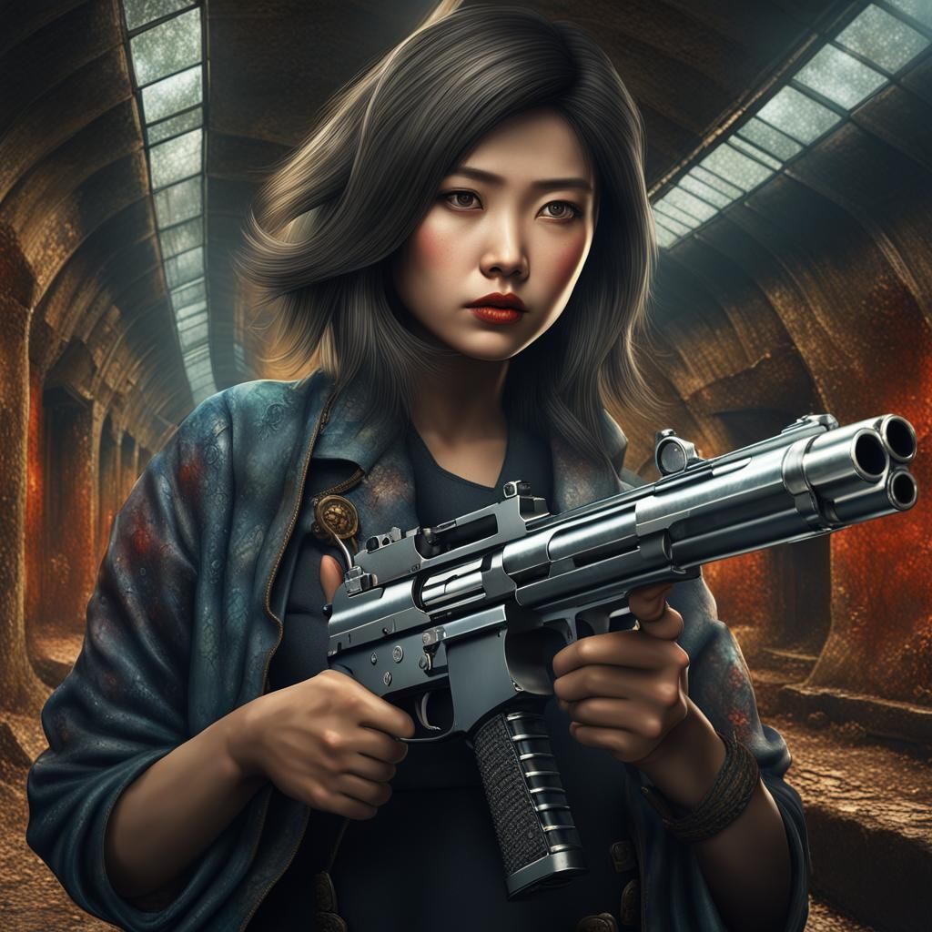 a woman posing with a gun beside her in a tunnel, in the sty...