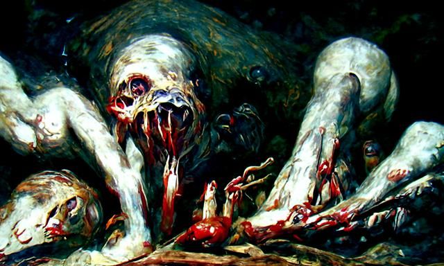 Grotesque Horror Scene in Wilderness, Detailed Painting