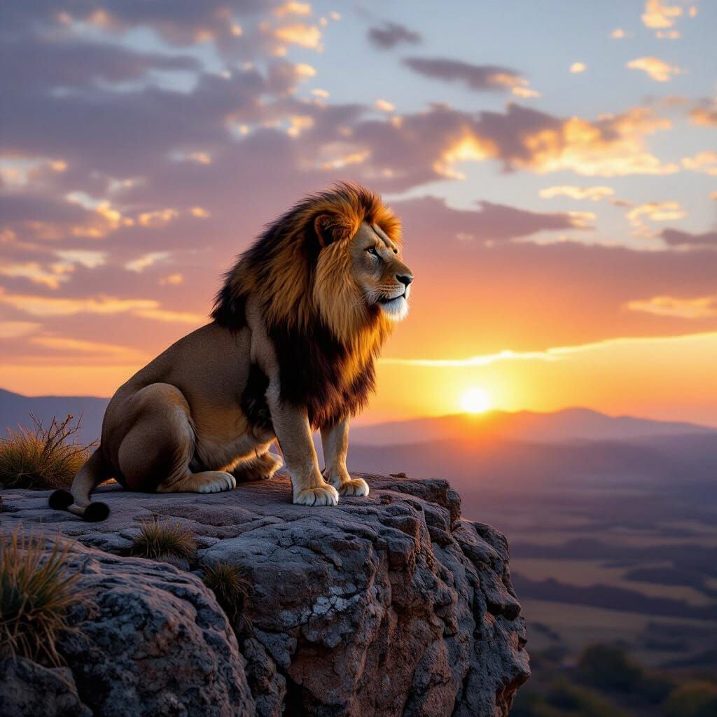 Majestic Lion on Cliff at Sunset