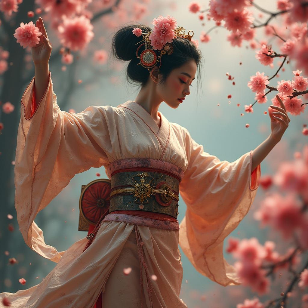 Steampunk Geisha Dances Amidst Cherry Blossoms