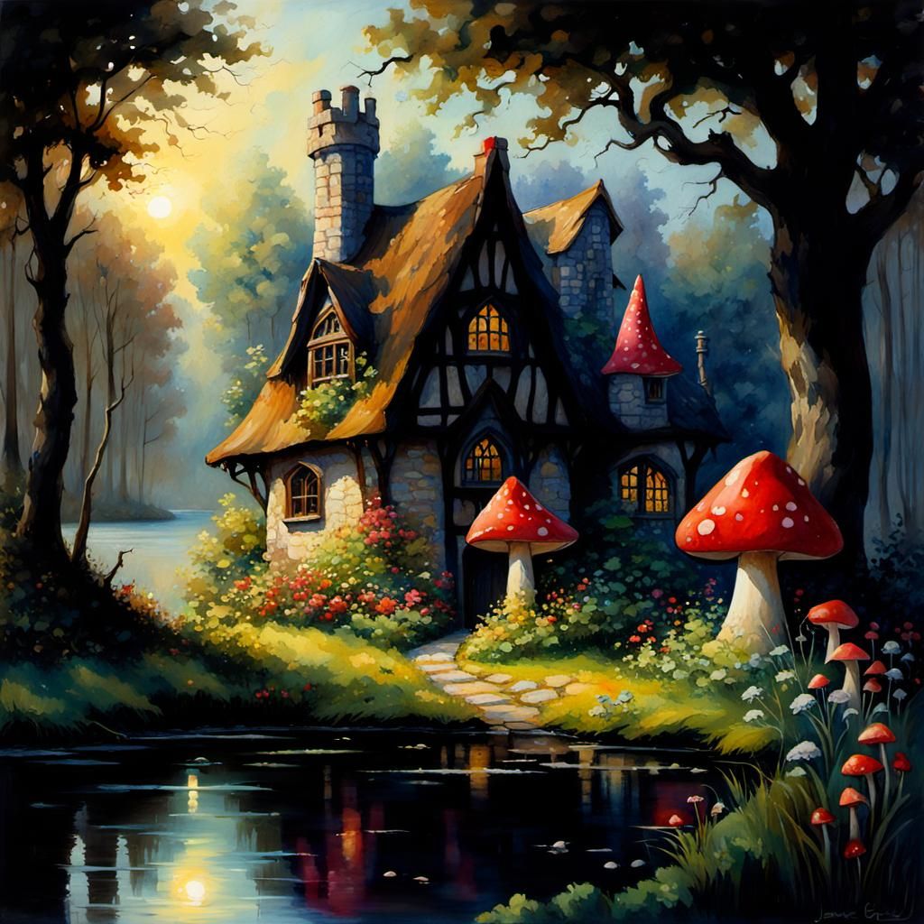 Fairytale Cottage and Dark Forest: Watercolor Art