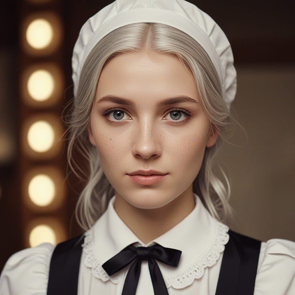 Surreal Portrait of Silver-Haired Woman in French Maid Outfi...
